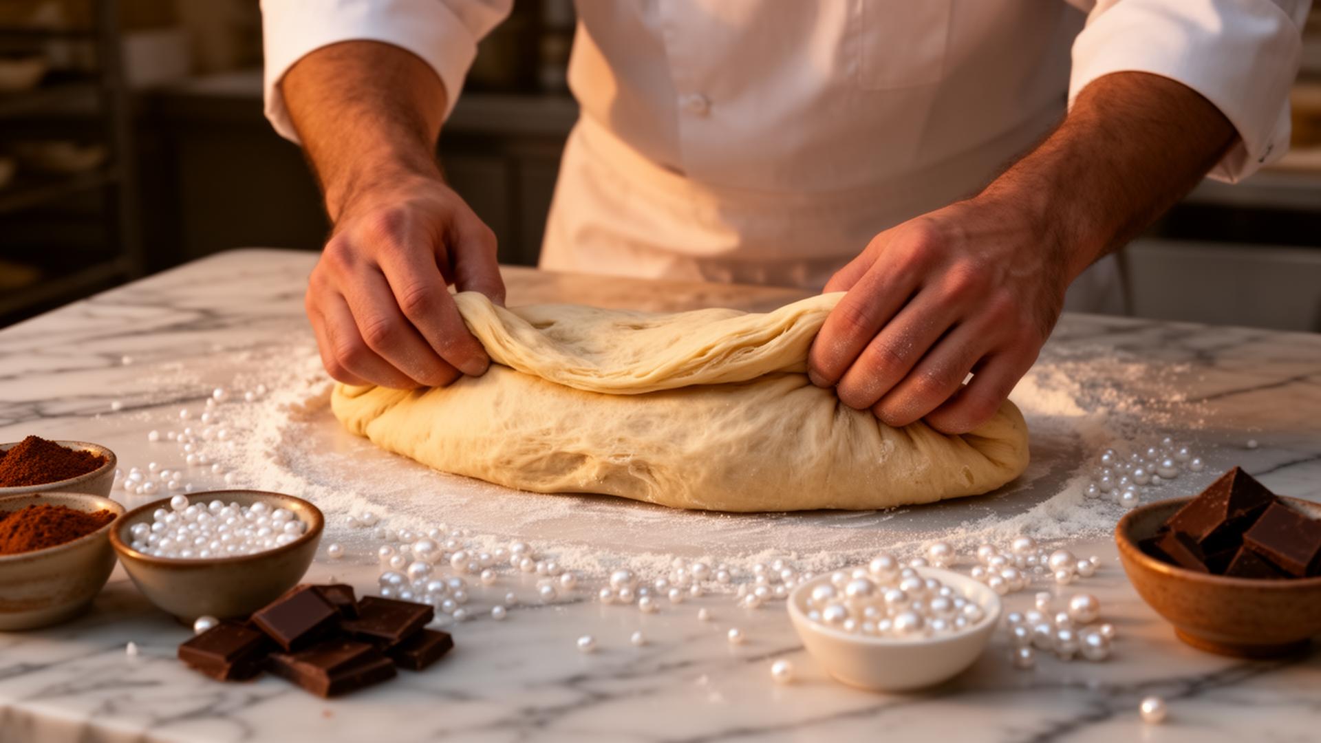 Hands folding laminated pastry dough at dawn